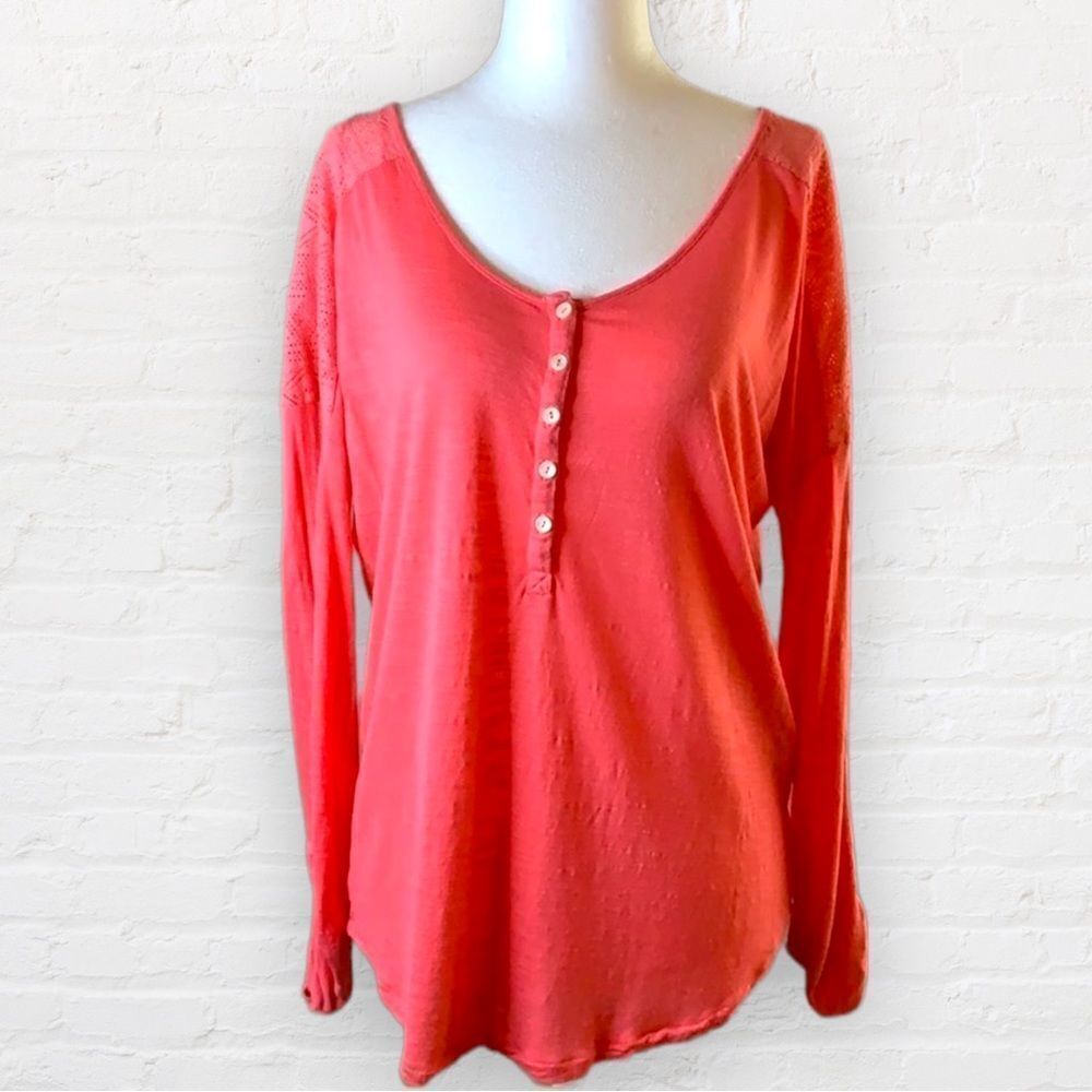 Lucky Brand pink mesh shoulder long sleeve button front top size small